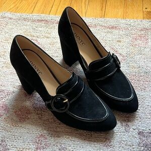 IMNYC suede, and leather buckle box heel pumps